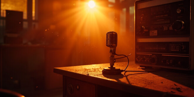 Abandoned 1970s radio station studio with vintage microphone on silent desk, illuminated by warm amber light