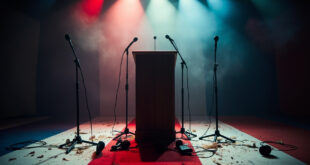 Empty press podium with abandoned microphones in a deserted press conference room with scattered papers