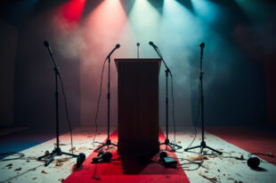 Empty press podium with abandoned microphones in a deserted press conference room with scattered papers