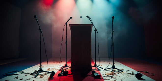 Empty press podium with abandoned microphones in a deserted press conference room with scattered papers