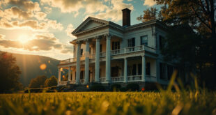 Restored neoclassical farmhouse with grand columns stands majestically on Tennessee hills with Great Smoky Mountains backdrop