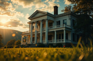 Restored neoclassical farmhouse with grand columns stands majestically on Tennessee hills with Great Smoky Mountains backdrop