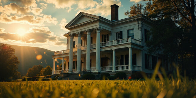 Restored neoclassical farmhouse with grand columns stands majestically on Tennessee hills with Great Smoky Mountains backdrop