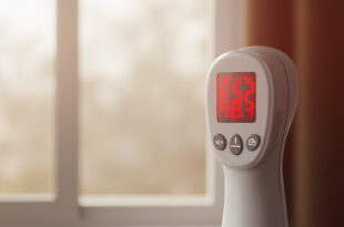 Digital thermometer displaying high temperature reading in poorly ventilated modern apartment interior.