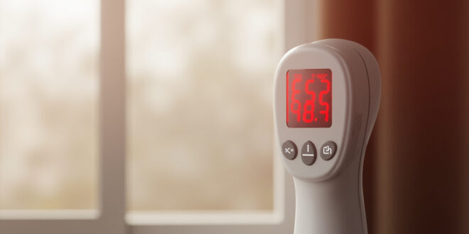 Digital thermometer displaying high temperature reading in poorly ventilated modern apartment interior.