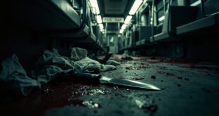 Bloodstained tram interior with medical supplies and abandoned knife on floor.