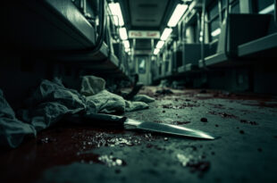 Bloodstained tram interior with medical supplies and abandoned knife on floor.