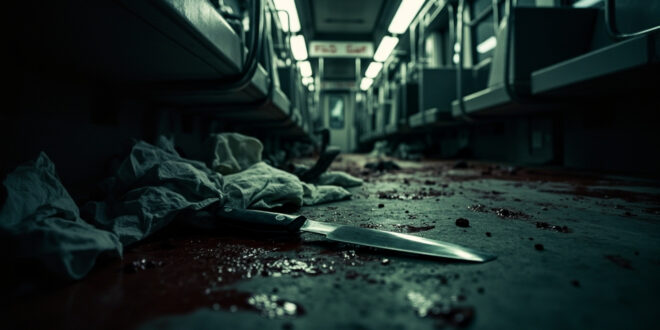 Bloodstained tram interior with medical supplies and abandoned knife on floor.