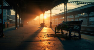 Memorial flowers on empty bench at deserted train platform at dusk, abandoned belongings nearby in somber lighting