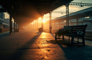 Memorial flowers on empty bench at deserted train platform at dusk, abandoned belongings nearby in somber lighting