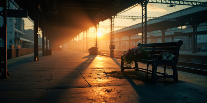 Memorial flowers on empty bench at deserted train platform at dusk, abandoned belongings nearby in somber lighting