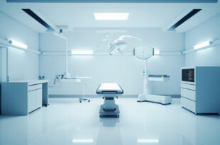 Empty hospital operating room with surgical lights and medical equipment prepared for emergency surgery