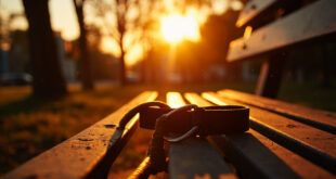 Abandoned dog collar and leash on weathered park bench in quiet urban park with scattered emergency rescue equipment