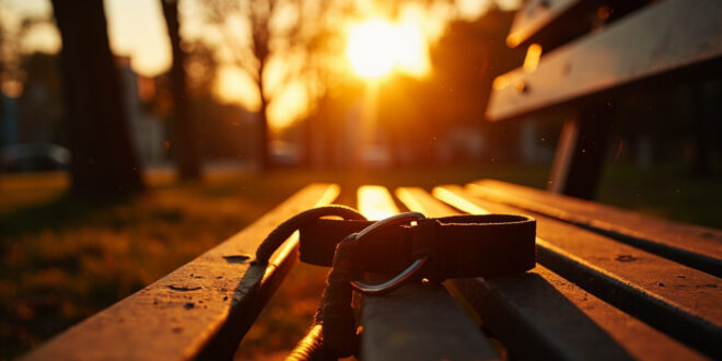 Abandoned dog collar and leash on weathered park bench in quiet urban park with scattered emergency rescue equipment