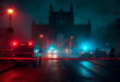 Police barriers and emergency vehicles on historic bridge near castle with red and blue flashing lights at night