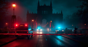 Police barriers and emergency vehicles on historic bridge near castle with red and blue flashing lights at night