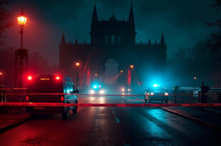 Police barriers and emergency vehicles on historic bridge near castle with red and blue flashing lights at night