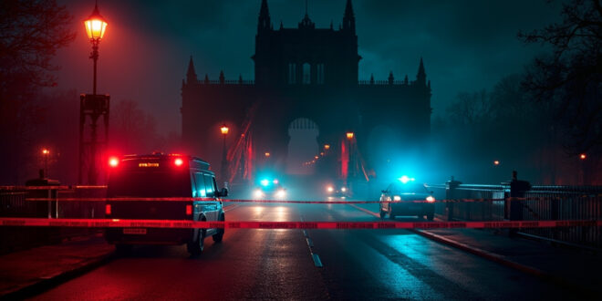 Police barriers and emergency vehicles on historic bridge near castle with red and blue flashing lights at night