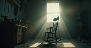 Empty rocking chair sits in an abandoned nursery with unused baby toys on dusty shelves, muted light filtering through