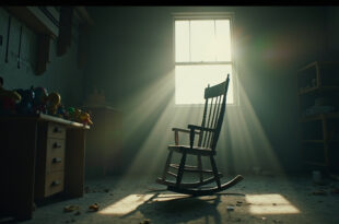 Empty rocking chair sits in an abandoned nursery with unused baby toys on dusty shelves, muted light filtering through