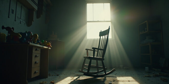Empty rocking chair sits in an abandoned nursery with unused baby toys on dusty shelves, muted light filtering through