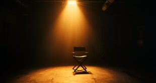 Empty director's chair illuminated by a single spotlight in a dimmed film studio at twilight, symbolizing loss