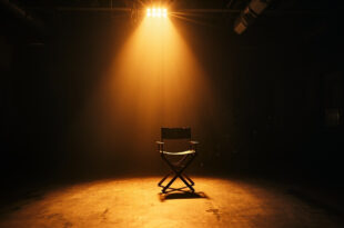 Empty director's chair illuminated by a single spotlight in a dimmed film studio at twilight, symbolizing loss