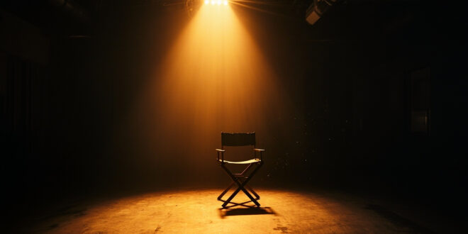 Empty director's chair illuminated by a single spotlight in a dimmed film studio at twilight, symbolizing loss