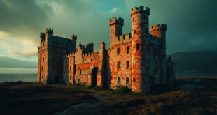Red sandstone castle with ornate turrets and battlements on grassy grounds with sea and mountains in background