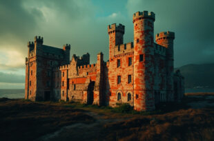Red sandstone castle with ornate turrets and battlements on grassy grounds with sea and mountains in background