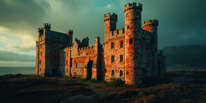 Red sandstone castle with ornate turrets and battlements on grassy grounds with sea and mountains in background