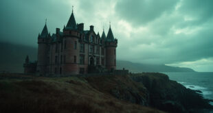 Red sandstone castle with ornate turrets sits on grassy grounds overlooking Scottish sea and distant mountains