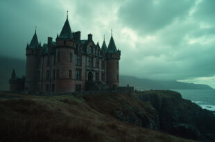 Red sandstone castle with ornate turrets sits on grassy grounds overlooking Scottish sea and distant mountains