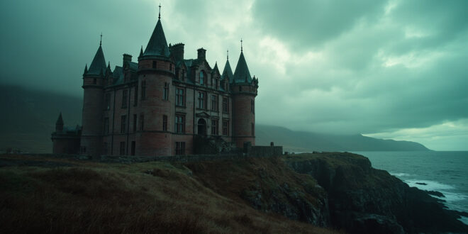 Red sandstone castle with ornate turrets sits on grassy grounds overlooking Scottish sea and distant mountains