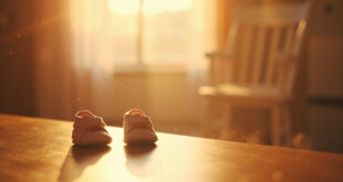 Prepared nursery with empty rocking chair beside baby crib and tiny baby shoes on wooden table in soft pink lighting