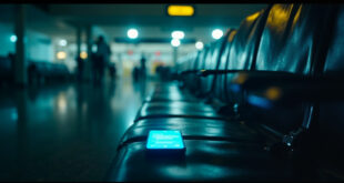 Abandoned luggage at empty airport gate with glowing smartphone displaying AI chatbot left on seat in deserted terminal at night