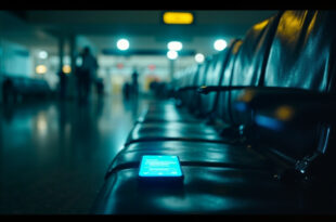 Abandoned luggage at empty airport gate with glowing smartphone displaying AI chatbot left on seat in deserted terminal at night