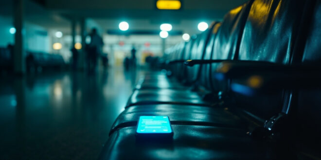Abandoned luggage at empty airport gate with glowing smartphone displaying AI chatbot left on seat in deserted terminal at night