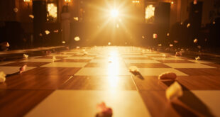 Empty checkered dance floor with scattered rose petals under spotlight in elegant wedding venue ballroom