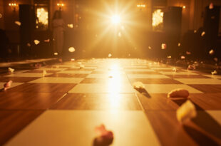 Empty checkered dance floor with scattered rose petals under spotlight in elegant wedding venue ballroom