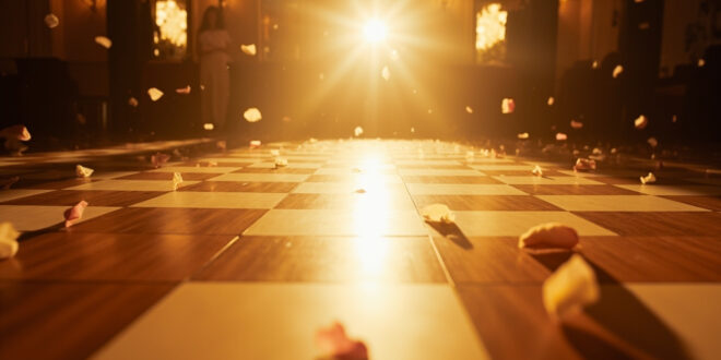 Empty checkered dance floor with scattered rose petals under spotlight in elegant wedding venue ballroom