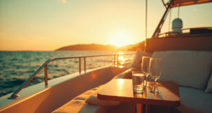 Two champagne glasses on yacht table overlooking calm Mediterranean sea at golden hour