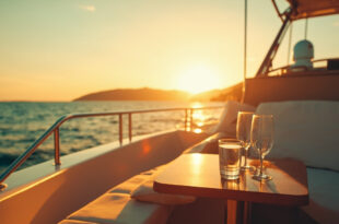 Two champagne glasses on yacht table overlooking calm Mediterranean sea at golden hour