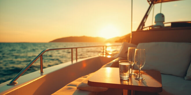Two champagne glasses on yacht table overlooking calm Mediterranean sea at golden hour