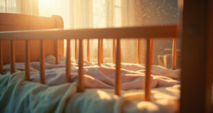 Empty wooden cradle with soft blankets sits in a peaceful nursery bathed in soft pastel light, awaiting a new arrival