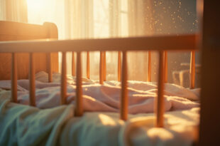Empty wooden cradle with soft blankets sits in a peaceful nursery bathed in soft pastel light, awaiting a new arrival