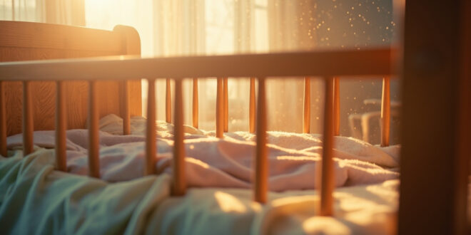Empty wooden cradle with soft blankets sits in a peaceful nursery bathed in soft pastel light, awaiting a new arrival