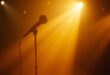 Vintage microphone on empty stand bathed in golden light within a quiet recording studio, symbolizing absence and resilience