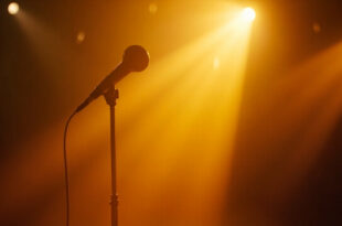 Vintage microphone on empty stand bathed in golden light within a quiet recording studio, symbolizing absence and resilience