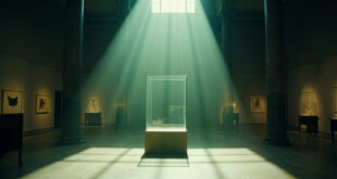 Empty museum exhibition hall with spotlights illuminating vacant display cases after controversial exhibition closure